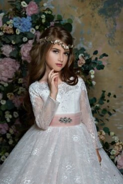 2351 Long Lace Flower Girl Dress For Girls With Sash(2351 Long Lace Flower Girl Dress For Girls With Sash) -Mia Bambina Store 2351 long lace dress for girls with sash mia bambina boutique 15234356969537