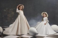 Little Girl Long Satin Gown With Lace Sleeves(Little Girl Long Satin Gown With Lace Sleeves) -Mia Bambina Store 3013 3