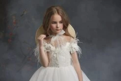 Girls Off Shoulder Flower Girl Dress With Feathers(Girls Off Shoulder Flower Girl Dress With Feathers) -Mia Bambina Store 3045 3