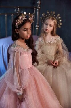 Girls Long Tulle Dress In Blush Pink(3112 Long Tulle Dress)