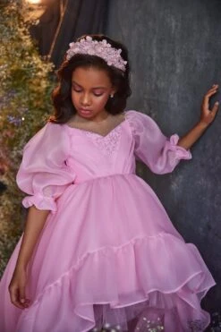 3211 Princess Pink Gown For Kids With Puffed Sleeves(3211 Princess Pink Gown For Kids With Puffed Sleeves) -Mia Bambina Store 3211 4