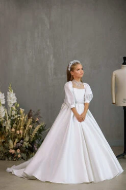 WINDSOR–TRADITIONAL COMMUNION GOWN WITH BEADED NECKLINE AND MATCHING BELT(Windsor Traditional Communion Gown With Beaded Neckline And Matching Belt)