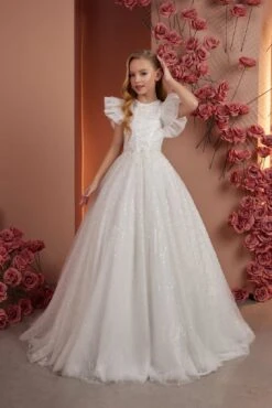 Girls Long Glitter Tulle Dress With Flare Sleeves(Pr107 Girls Long Glitter Tulle Dress With Flare Sleeves)