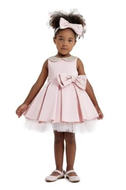 Embroidered Round Collar Baby Pink Satin Dress(Round Collar Baby Dress With A Bow For Special Events)