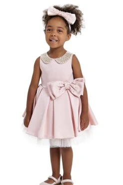 Embroidered Round Collar Baby Pink Satin Dress(Round Collar Baby Dress With A Bow For Special Events) -Mia Bambina Store Pamina 2168
