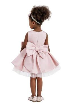 Embroidered Round Collar Baby Pink Satin Dress(Round Collar Baby Dress With A Bow For Special Events) -Mia Bambina Store Pamina 2176