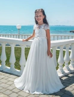 Girls First Communion Dress With Short Lace Sleeves(Girls First Communion Dress With Short Lace Sleeves)