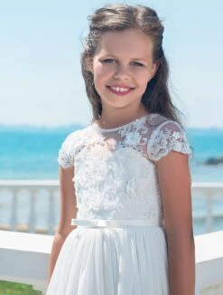 Girls First Communion Dress With Short Lace Sleeves(Girls First Communion Dress With Short Lace Sleeves) -Mia Bambina Store girls first communion dress with lace shoulders mia bambina boutique 3
