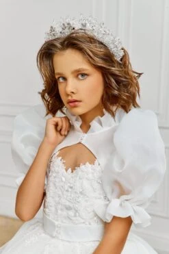 Sorento 2 Piece Communion Outfit Dress And Organza Kaftan(Sorento White Dress With Organza Kaftan) -Mia Bambina Store girls organza bolero with train elegant white or ivory kaftan for special occasions mia bambina bouique 1