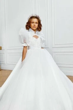 Sorento 2 Piece Communion Outfit Dress And Organza Kaftan(Sorento White Dress With Organza Kaftan) -Mia Bambina Store girls organza bolero with train elegant white or ivory kaftan for special occasions mia bambina bouique