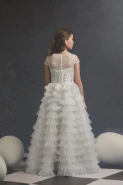 Girls Vintage Style Ruffled Gown With Gold Embroidery Detailing(Girls Vintage Style Ruffled Gown With Gold Embroidery Detailing) 6 Girls Vintage Style Ruffled Gown With Gold Embroidery Detailing(Girls Vintage Style Ruffled Gown With Gold Embroidery Detailing) -Mia Bambina Store girls vintage style ruffled gown with gold embroidery detailing mia bambina boutique 2