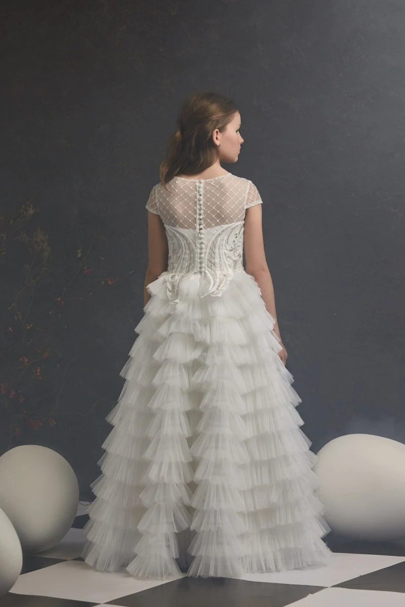 Girls Vintage Style Ruffled Gown With Gold Embroidery Detailing(Girls Vintage Style Ruffled Gown With Gold Embroidery Detailing) 3 Girls Vintage Style Ruffled Gown With Gold Embroidery Detailing(Girls Vintage Style Ruffled Gown With Gold Embroidery Detailing) - Image 3