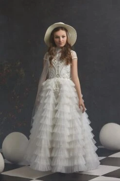 Girls Vintage Style Ruffled Gown With Gold Embroidery Detailing(Girls Vintage Style Ruffled Gown With Gold Embroidery Detailing)