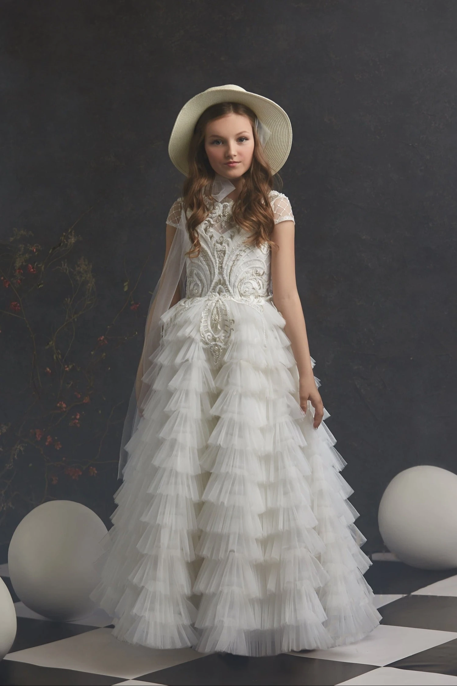 Girls Vintage Style Ruffled Gown With Gold Embroidery Detailing(Girls Vintage Style Ruffled Gown With Gold Embroidery Detailing) 1 Girls Vintage Style Ruffled Gown With Gold Embroidery Detailing(Girls Vintage Style Ruffled Gown With Gold Embroidery Detailing)