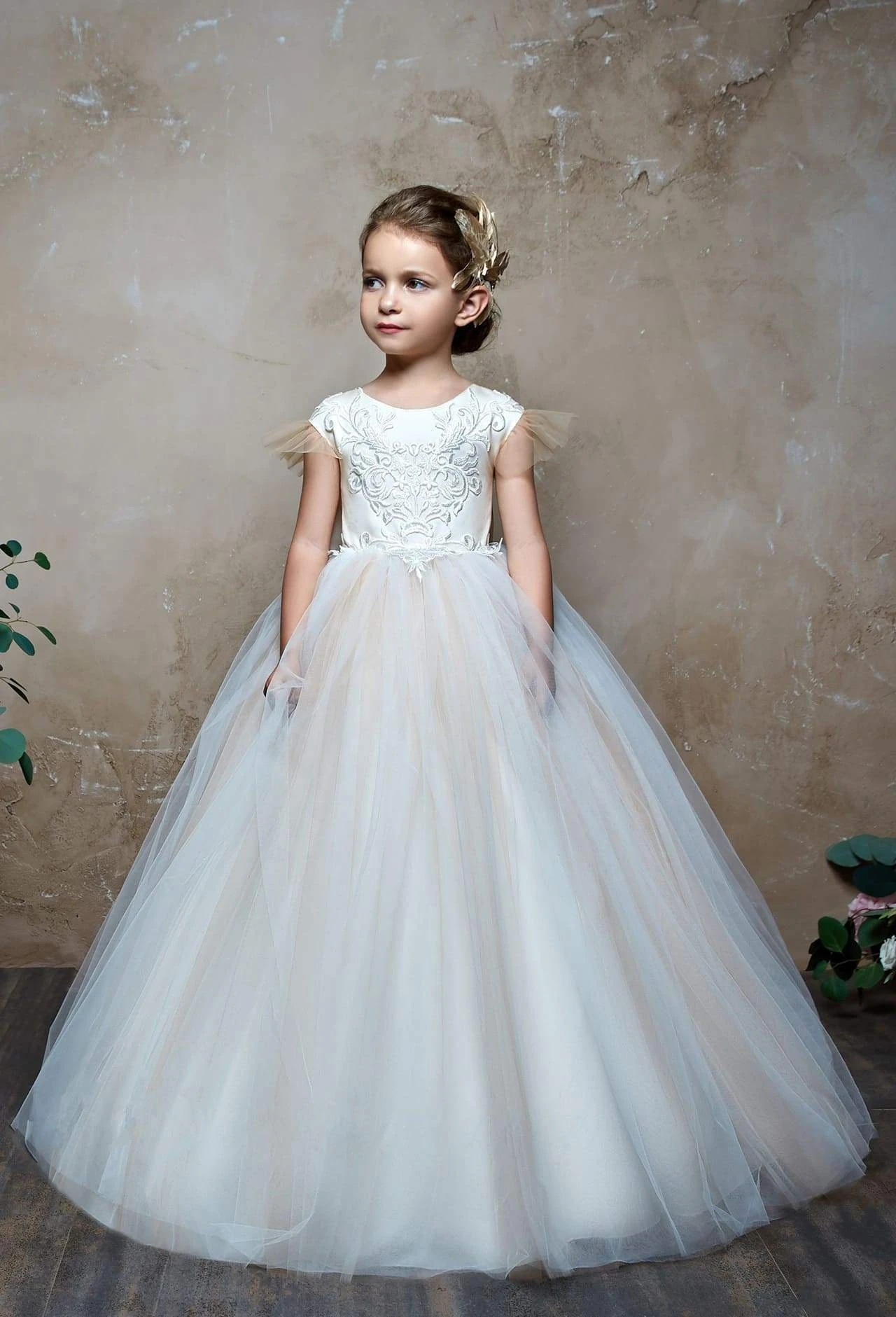 Imagina Tulle Flower Girl Dress With Flutter Sleeves(Flower Girls Tulle Ball Gown Flutter Sleeves Lace Back) 2 Imagina Tulle Flower Girl Dress With Flutter Sleeves(Flower Girls Tulle Ball Gown Flutter Sleeves Lace Back) - Image 2