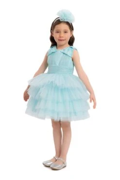 Aqua Blue Infant Tutu Dress With Bow Shoulders For Special Occasions(Aqua Blue Toddler Dress With Bow Shoulders For Special Occasions)