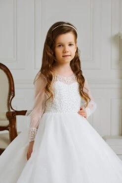 Charming White Tulle Dress For Communion With Long Sleeves(Charming White Tulle Dress For Communion With Long Sleeves) -Mia Bambina Store mia bambina boutique Charming White Tulle Dress for Communion with Long Sleeves 2