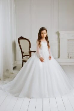 Charming White Tulle Dress For Communion With Long Sleeves(Charming White Tulle Dress For Communion With Long Sleeves)