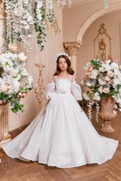 Organza First Communion Dress With Illusion Neckline(Organza First Communion Dress With Illusion Neckline)