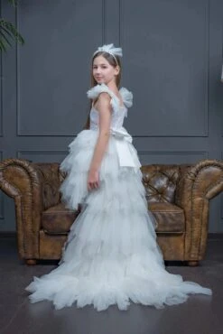 Pearl White Tulle Dress For Teenage Girls With Detachable Train(Pearl White Tulle Dress For Teenage Girls With Detachable Train)
