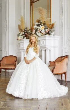 Traditional Catholic First Communion Dress With Sheer Sleeves(Traditional Catholic First Communion Dress With Sheer Sleeves) -Mia Bambina Store mia bambina boutique Traditional Catholic First Communion Dress with Sheer Sleeves 3