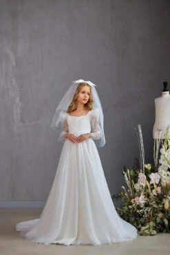 Audrie Tulle First Communion Dress With Pleated Bodice(Audrie Pleated Bodice Communion Dress With Pearl Button And Frosted Detail)