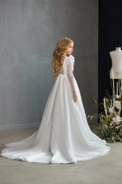 Audrie Tulle First Communion Dress With Pleated Bodice(Audrie Pleated Bodice Communion Dress With Pearl Button And Frosted Detail) -Mia Bambina Store mia bambina boutique audrie pleated bodice communion dress with pearl button and frosted detail 3