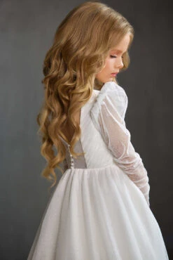 Audrie Tulle First Communion Dress With Pleated Bodice(Audrie Pleated Bodice Communion Dress With Pearl Button And Frosted Detail) -Mia Bambina Store mia bambina boutique audrie pleated bodice communion dress with pearl button and frosted detail 4