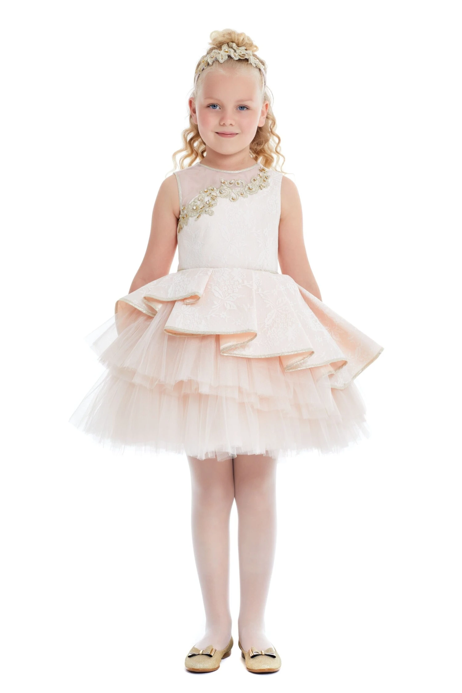 Girl's Lace Overlay Dress With Gold Embroidery Applique(Girls Lace Overlay Dress With Gold Embroidery Applique) 2 Girl's Lace Overlay Dress With Gold Embroidery Applique(Girls Lace Overlay Dress With Gold Embroidery Applique) - Image 2