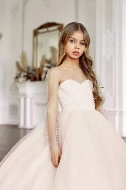 Girls Pearl And Diamond Encrusted Dress With Sheer Sleeves(Girls Pearl Encrusted Dress With Sheer Sleeves)