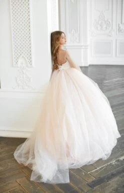 Girls Pearl And Diamond Encrusted Dress With Sheer Sleeves(Girls Pearl Encrusted Dress With Sheer Sleeves) -Mia Bambina Store mia bambina boutique girls pearl encrusted dress with sheer sleeves 3