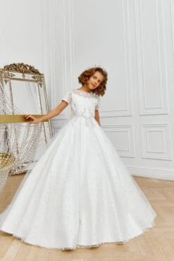 Glitter Tulle Flower Girl Dress With Short Sleeves(Glitter Tulle Flower Girl Dress With Short Sleeves)