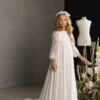 HAMILTON – CHIFFON LONG TRAIN COMMUNION DRESS WITH SHEER FLORAL SLEEVES(Hamilton A Line Long Train Communion Dress With Sheer Floral Sleeves)