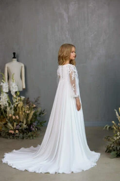 HAMILTON – CHIFFON LONG TRAIN COMMUNION DRESS WITH SHEER FLORAL SLEEVES(Hamilton A Line Long Train Communion Dress With Sheer Floral Sleeves) -Mia Bambina Store mia bambina boutique hamilton chiffon long train communion dress with sheer floral sleeves 2