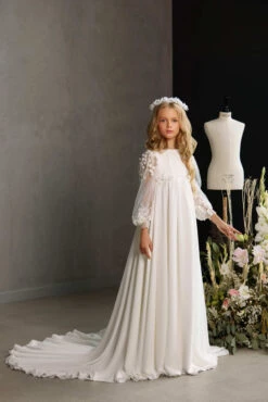 HAMILTON – CHIFFON LONG TRAIN COMMUNION DRESS WITH SHEER FLORAL SLEEVES(Hamilton A Line Long Train Communion Dress With Sheer Floral Sleeves)