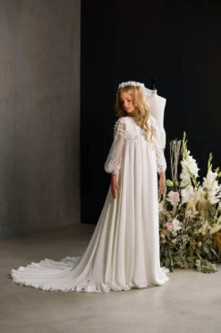HAMILTON – CHIFFON LONG TRAIN COMMUNION DRESS WITH SHEER FLORAL SLEEVES(Hamilton A Line Long Train Communion Dress With Sheer Floral Sleeves) -Mia Bambina Store mia bambina boutique hamilton chiffon long train communion dress with sheer floral sleeves 3