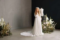 HAMILTON – CHIFFON LONG TRAIN COMMUNION DRESS WITH SHEER FLORAL SLEEVES(Hamilton A Line Long Train Communion Dress With Sheer Floral Sleeves) -Mia Bambina Store mia bambina boutique hamilton chiffon long train communion dress with sheer floral sleeves 4