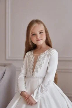 Illusion V-neck Satin And Lace White Dress(Illusion V Neck Satin And Lace White Dress) -Mia Bambina Store mia bambina boutique illusion v neck satin and lace white dress 3