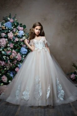 Samira Girls Cold Shoulder Tulle Ball Gown(Junior Bridesmaid Cold Shoulder Ruffled Neckline Tulle Ball Gown Quinceanera)