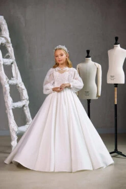 KAWARTHA – ENCHANTING COMMUNION DRESS WITH FLORAL LACE BODICE AND SHEER SLEEVES(Kawartha Enchanting Communion Dress With Floral Lace Bodice And Sheer Sleeves)
