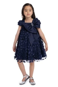 Kids Dresses Trapeze Navy Dress With A Bow(Kids Navy Trapeze Party Dress With A Bow 3t 7) -Mia Bambina Store mia bambina boutique kids navy trapeze party dress with a bow 2