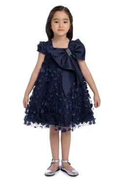 Kids Dresses Trapeze Navy Dress With A Bow(Kids Navy Trapeze Party Dress With A Bow 3t 7)