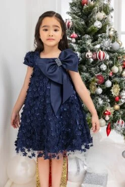 Kids Dresses Trapeze Navy Dress With A Bow(Kids Navy Trapeze Party Dress With A Bow 3t 7) -Mia Bambina Store mia bambina boutique kids navy trapeze party dress with a bow 8