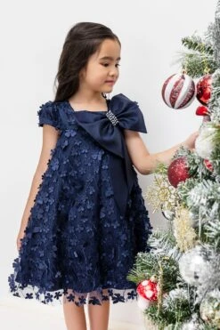 Kids Dresses Trapeze Navy Dress With A Bow(Kids Navy Trapeze Party Dress With A Bow 3t 7) -Mia Bambina Store mia bambina boutique kids navy trapeze party dress with a bow 9