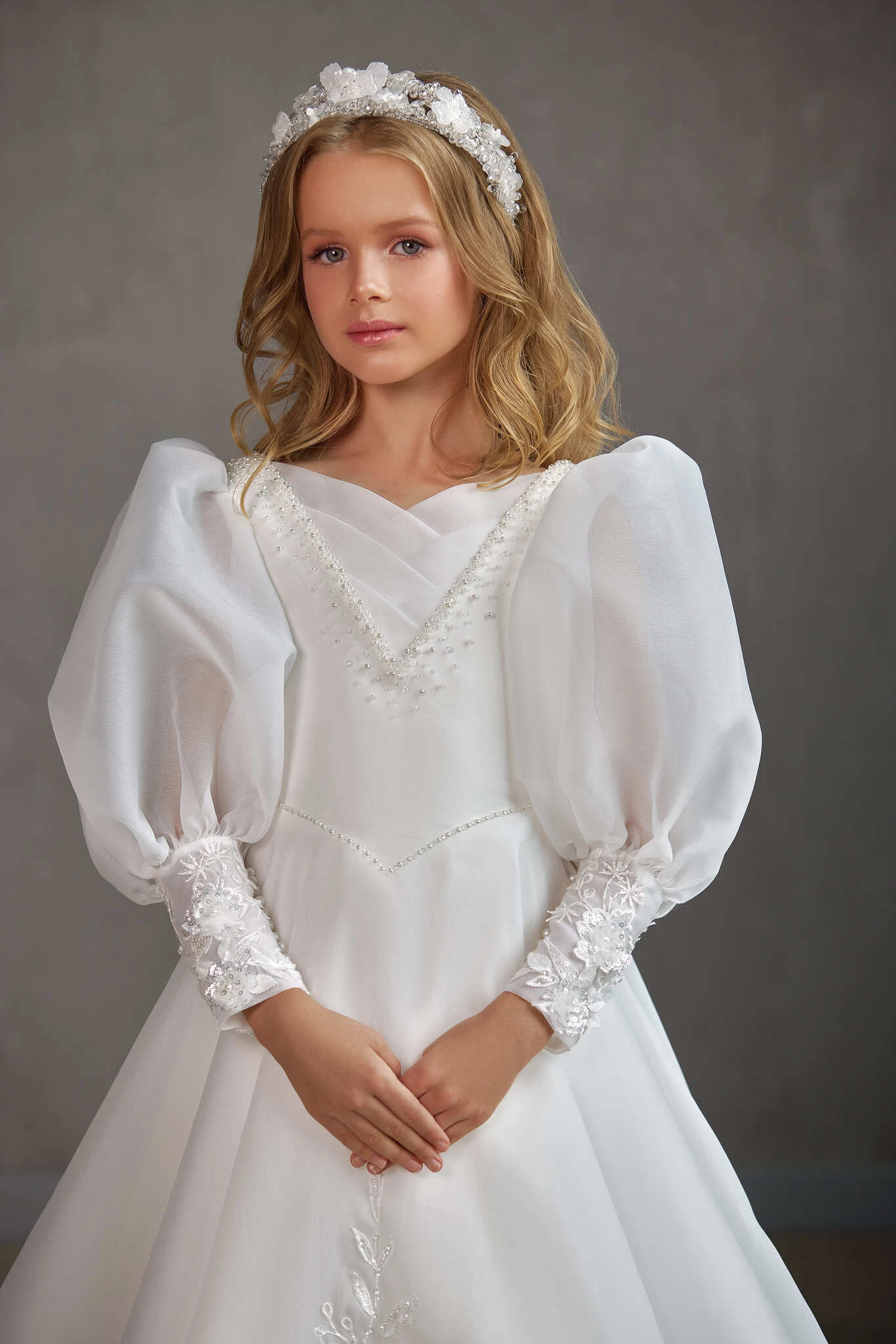 KINGSTON – ORGANZA PUFF SLEEVE COMMUNION GOWN WITH BEAD DETAIL(Kingston Organza Puff Sleeve Communion Gown With Bead Detail) 3 KINGSTON – ORGANZA PUFF SLEEVE COMMUNION GOWN WITH BEAD DETAIL(Kingston Organza Puff Sleeve Communion Gown With Bead Detail) - Image 3
