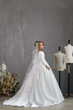LONDON – CLASSIC SATIN COMMUNION DRESS WITH BOW AND PEARL DETAIL(London Classic Satin Communion Dress With Bow And Pearl Detail) -Mia Bambina Store mia bambina boutique london classic satin communion dress with bow and pearl detail 2