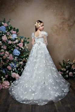 Star Lace Flower Girl Dress With Feathers & Rhinestones(Luxurious Girls Long Sleeve Star Lace Gown With Feathers Rhinestones) -Mia Bambina Store mia bambina boutique luxurious girls long sleeve star lace gown with feathers rhinestones 2