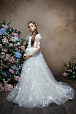 Star Lace Flower Girl Dress With Feathers & Rhinestones(Luxurious Girls Long Sleeve Star Lace Gown With Feathers Rhinestones)