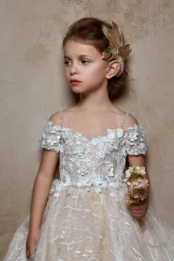 Ivana - Off Shoulder Flower Girl Dress With An Intricate Floral Design(Off The Shoulder Flower Girl Dress)