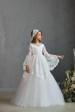 OXFORD – INTRICATE LACE COMMUNION GOWN WITH BELL SLEEVES(Oxford Intricate Lace Communion Gown With Bell Sleeves)